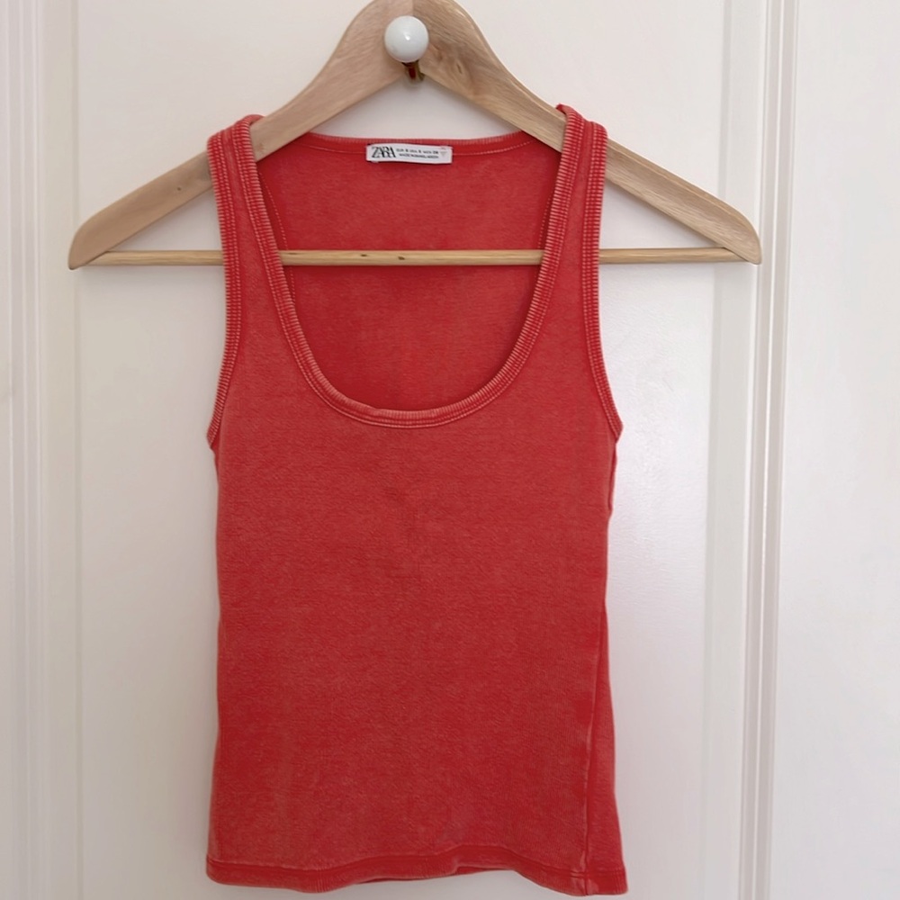 Zara Ribbed Tank Top Waist Length Coral Orange